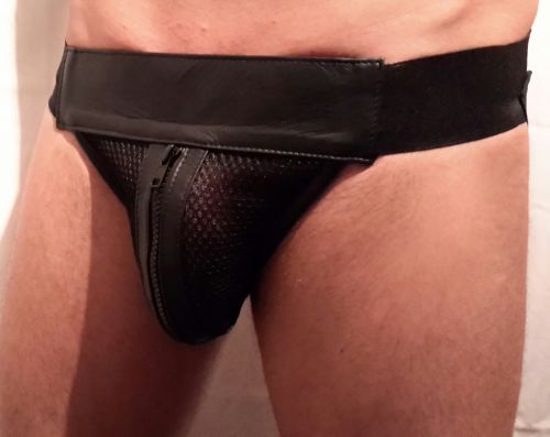 Leather Zip Front Mesh Jock Black